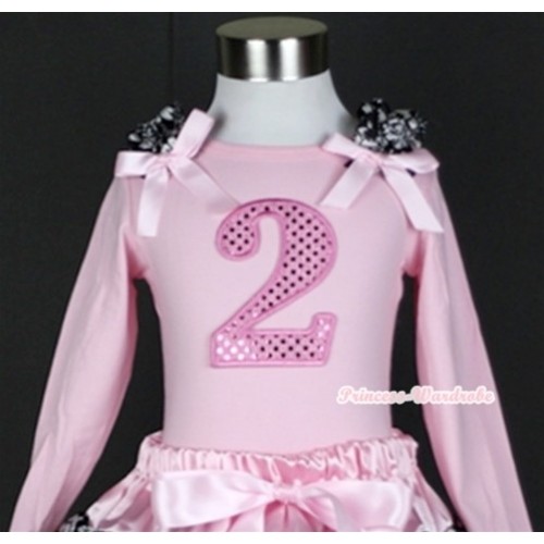 Light Pink Long Sleeves Top with 2nd Sparkle Light Pink Birthday Number Print With Damask Ruffles & Light Pink Bow TW322 
